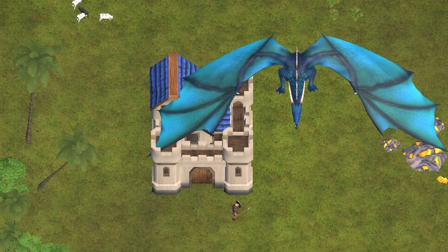 A blue dragon with wings spread flies over a keep
