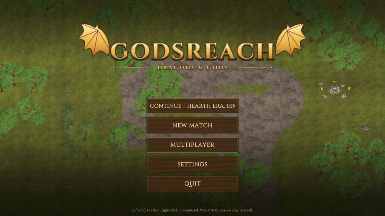 The Godsreach title screen on a PC over a forest map: Continue a saved match in the Hearth Era, New Match, Multiplayer, Settings and Quit